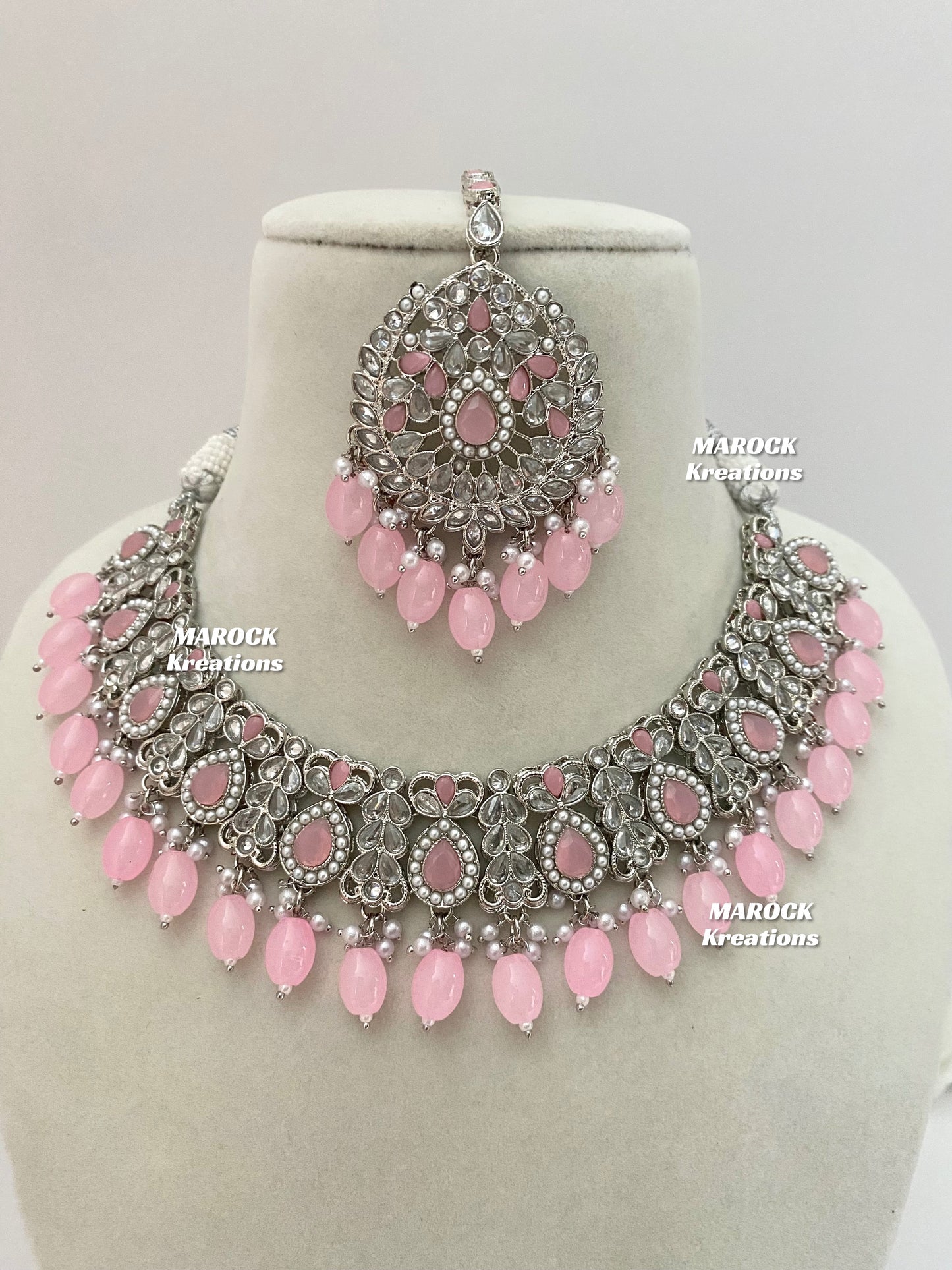 Silver/Pink Polki Necklace set