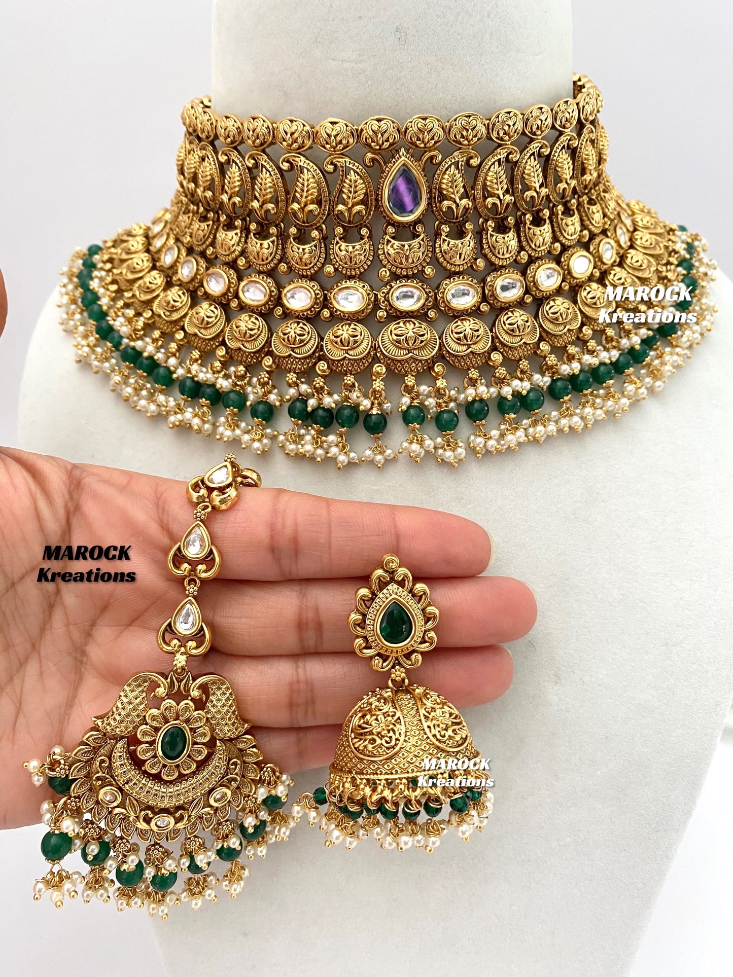 Elegant Gold Plated premium quality Kundan Green Statement Necklace set/Bridal set