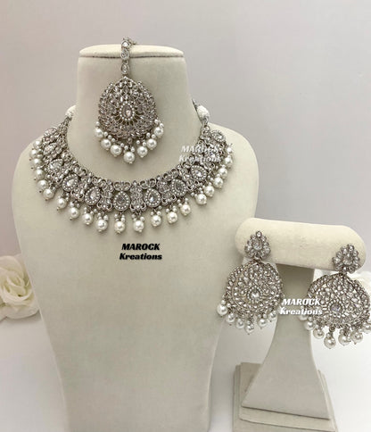 Silver/White Polki Necklace set