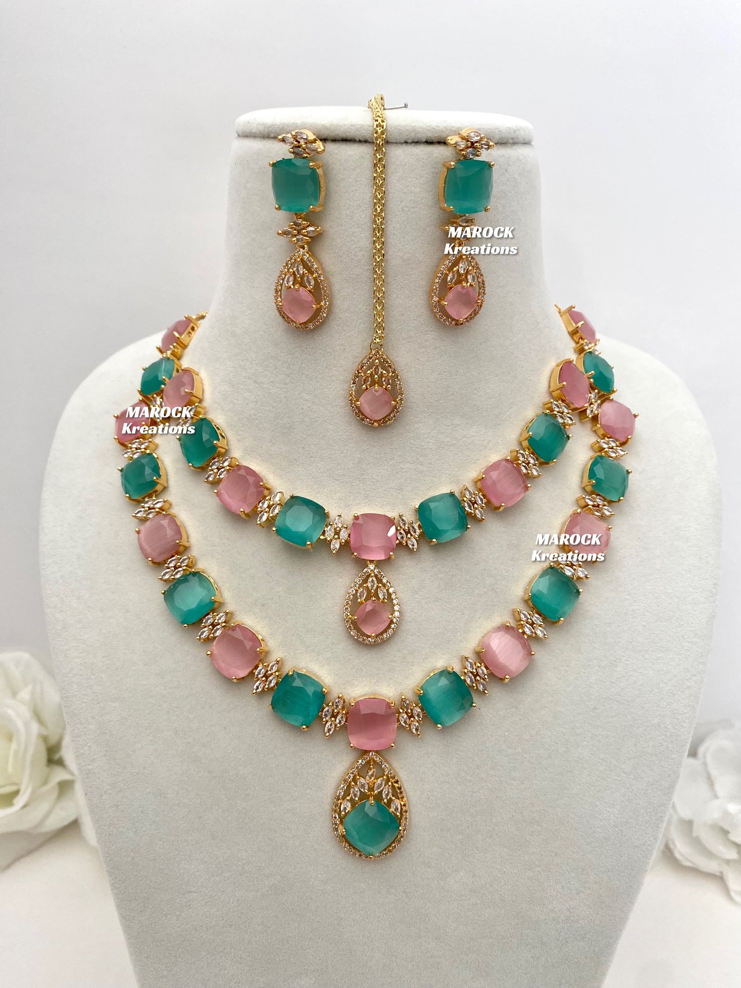 Aster Golden American Diamond Double layer Necklace set