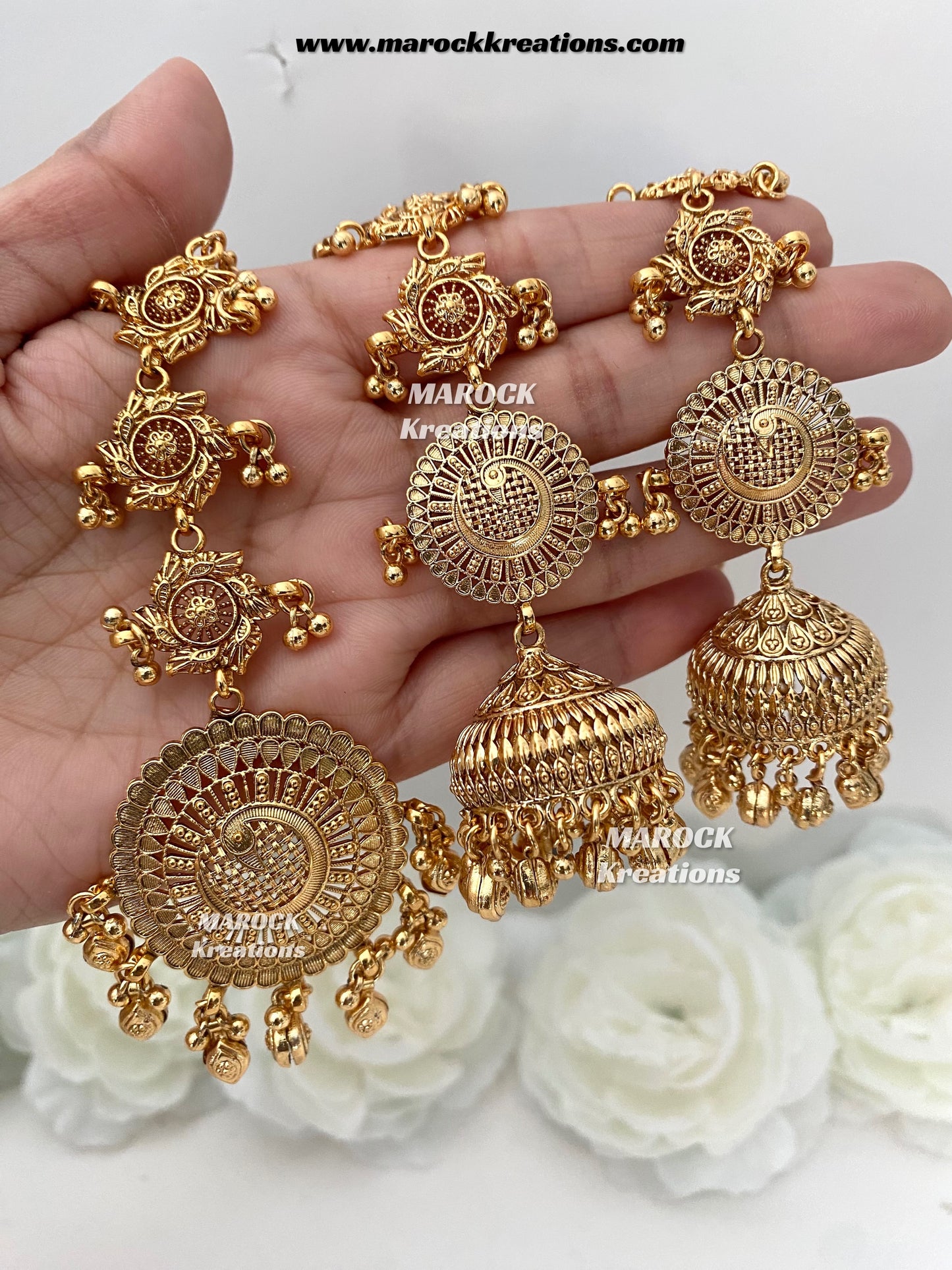 Premium Quality Gold plated Jhumki Earrings(Saharey attached) and tikka set