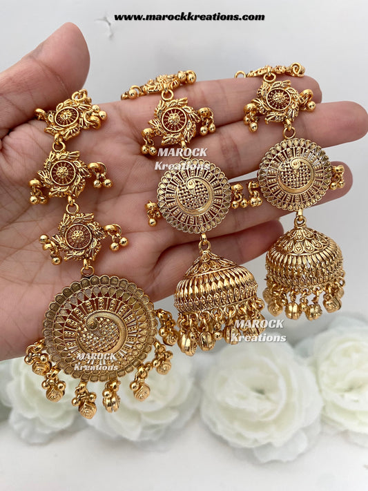 Premium Quality Gold plated Jhumki Earrings(Saharey attached) and tikka set