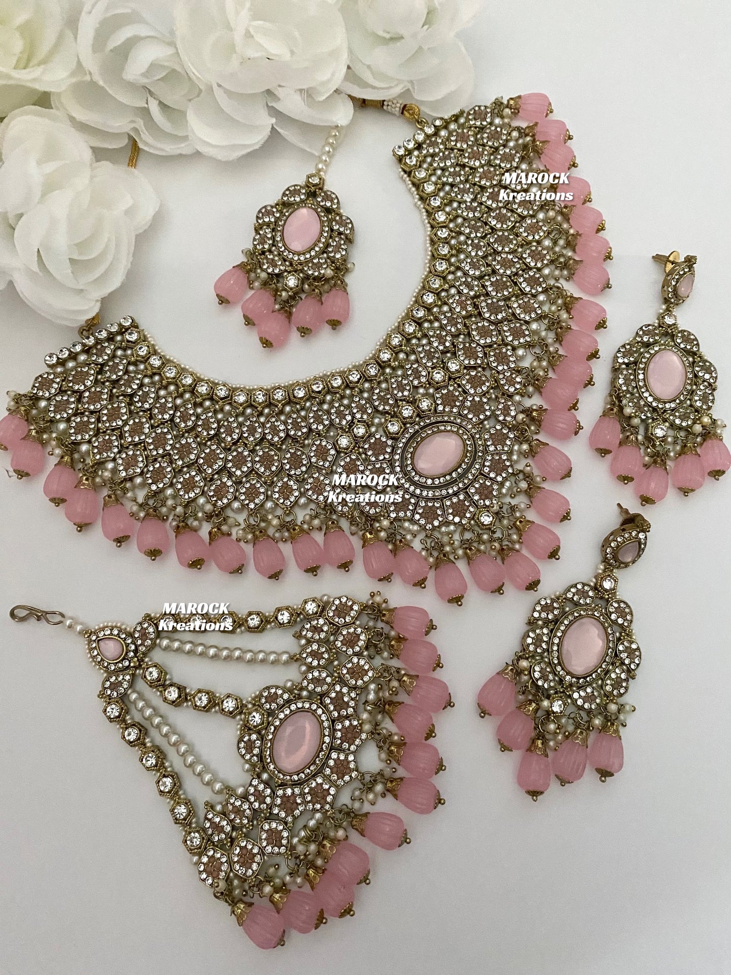 Antique Gold Pakistani Pink Necklace set