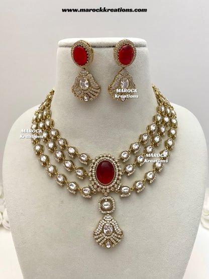 Salina Premium Quality Moissanite Kundan triple layer Necklace set
