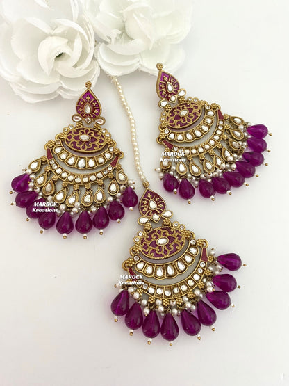 Premium Quality Kundan Meenakari Statement Earrings and tikka sets