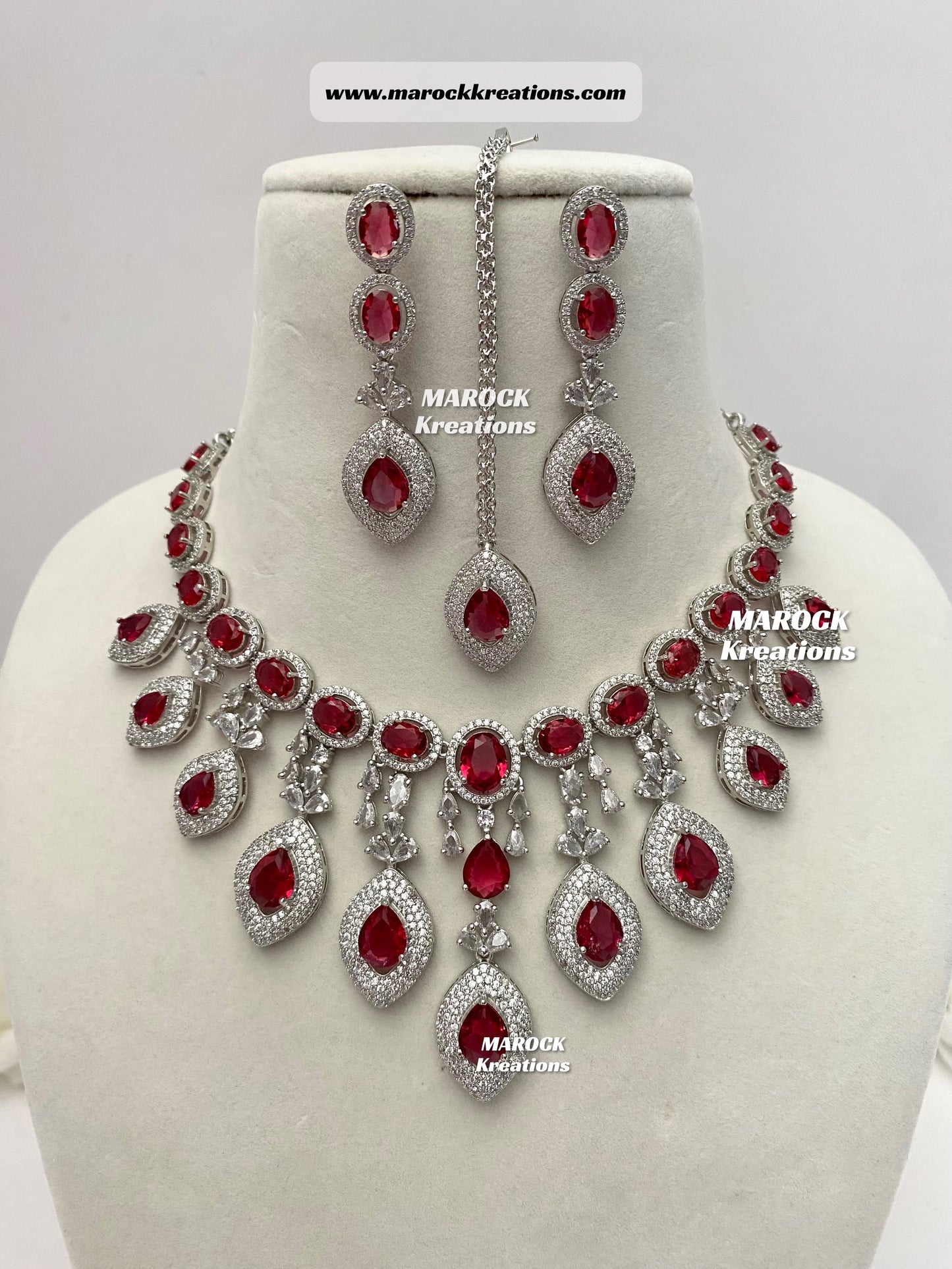 Silver American Diamond Necklace set comes with earrings and tikka