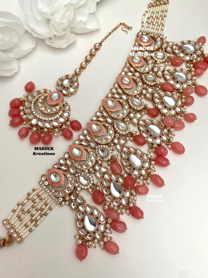 Kaniz Premium Quality Rose Gold Kundan Meenakari Choker/Necklace set