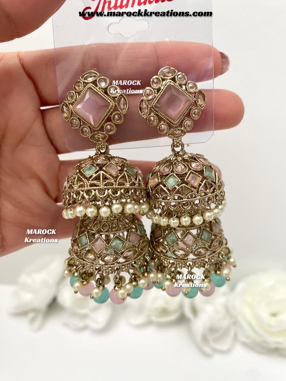 Rehana Antique Gold Polki double jhumki Statement Earrings
