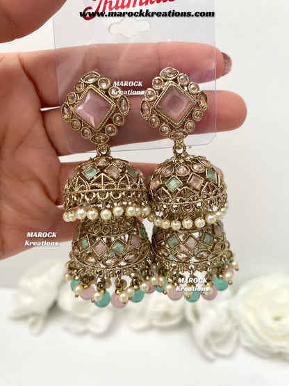 Rehana Antique Gold Polki double jhumki Statement Earrings