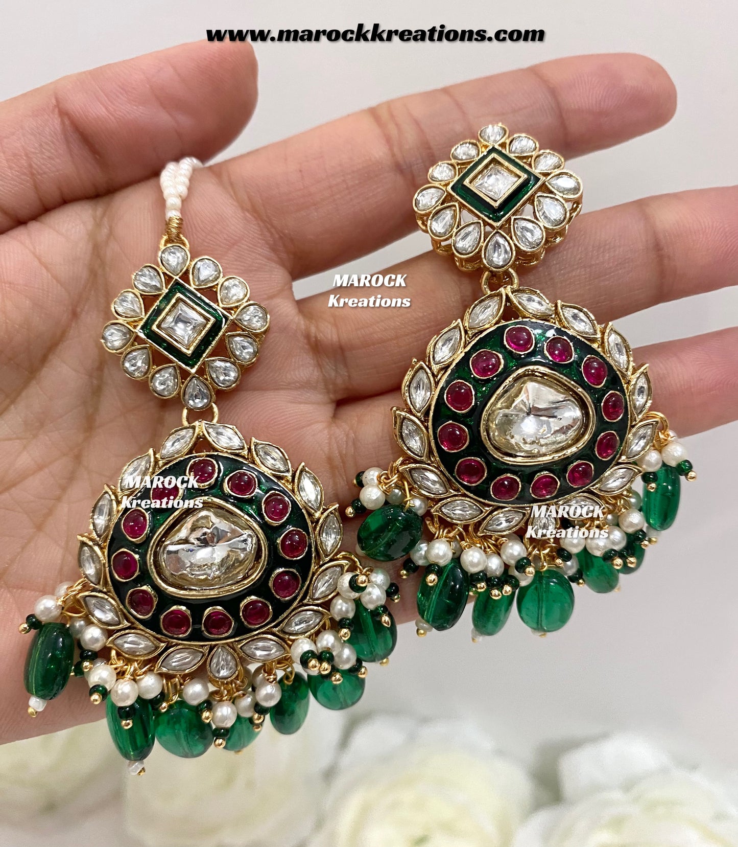 Saher Uncut Kundan Meenakari Earrings and tikka set