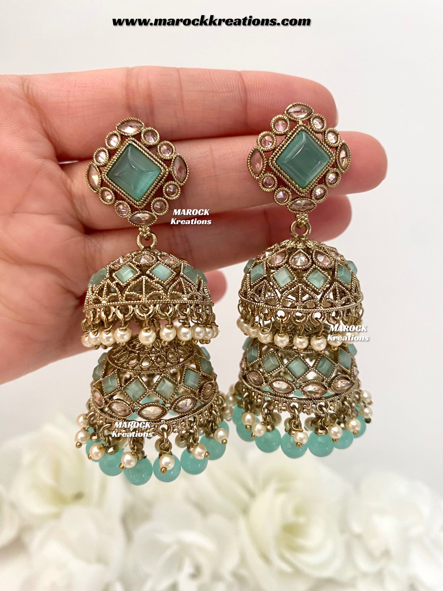 Rehana Antique Gold Polki double jhumki Statement Earrings