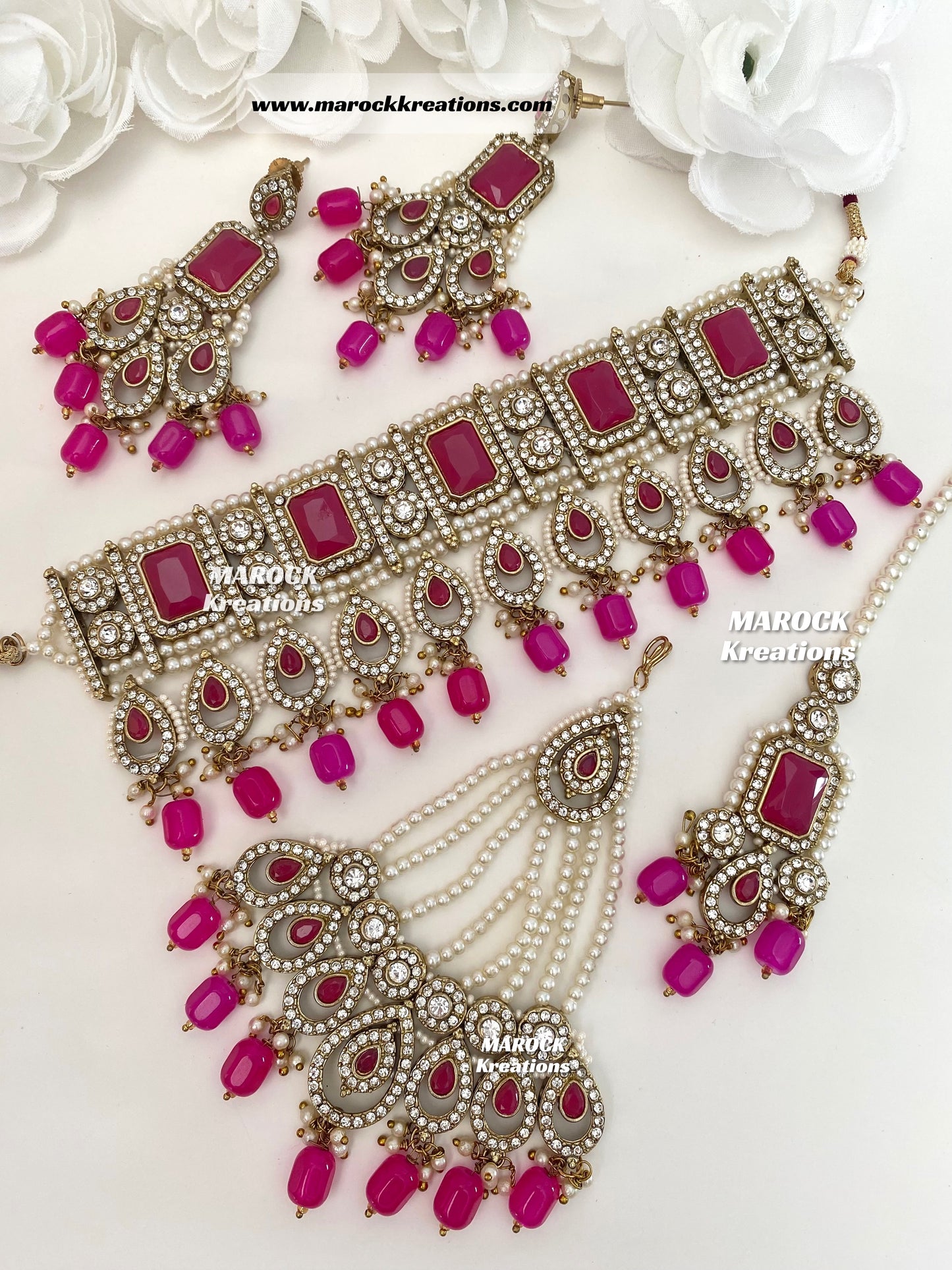 Zainab Antique Gold base with white stones Pakistani Choker set