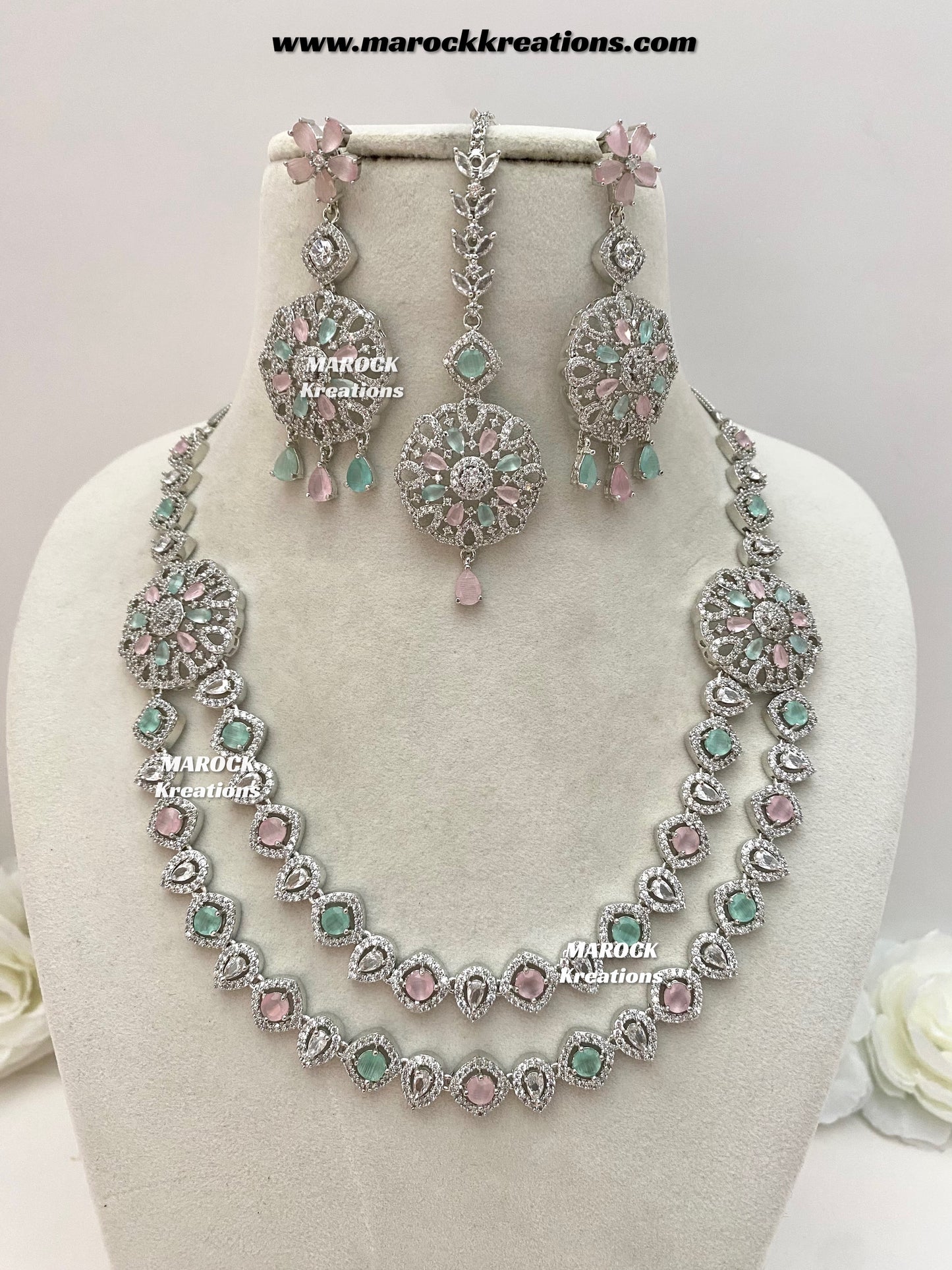 Shiba Silver American Diamond double layer Necklace set