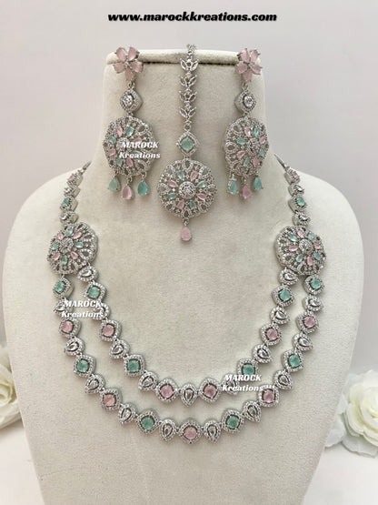 Shiba Silver American Diamond double layer Necklace set