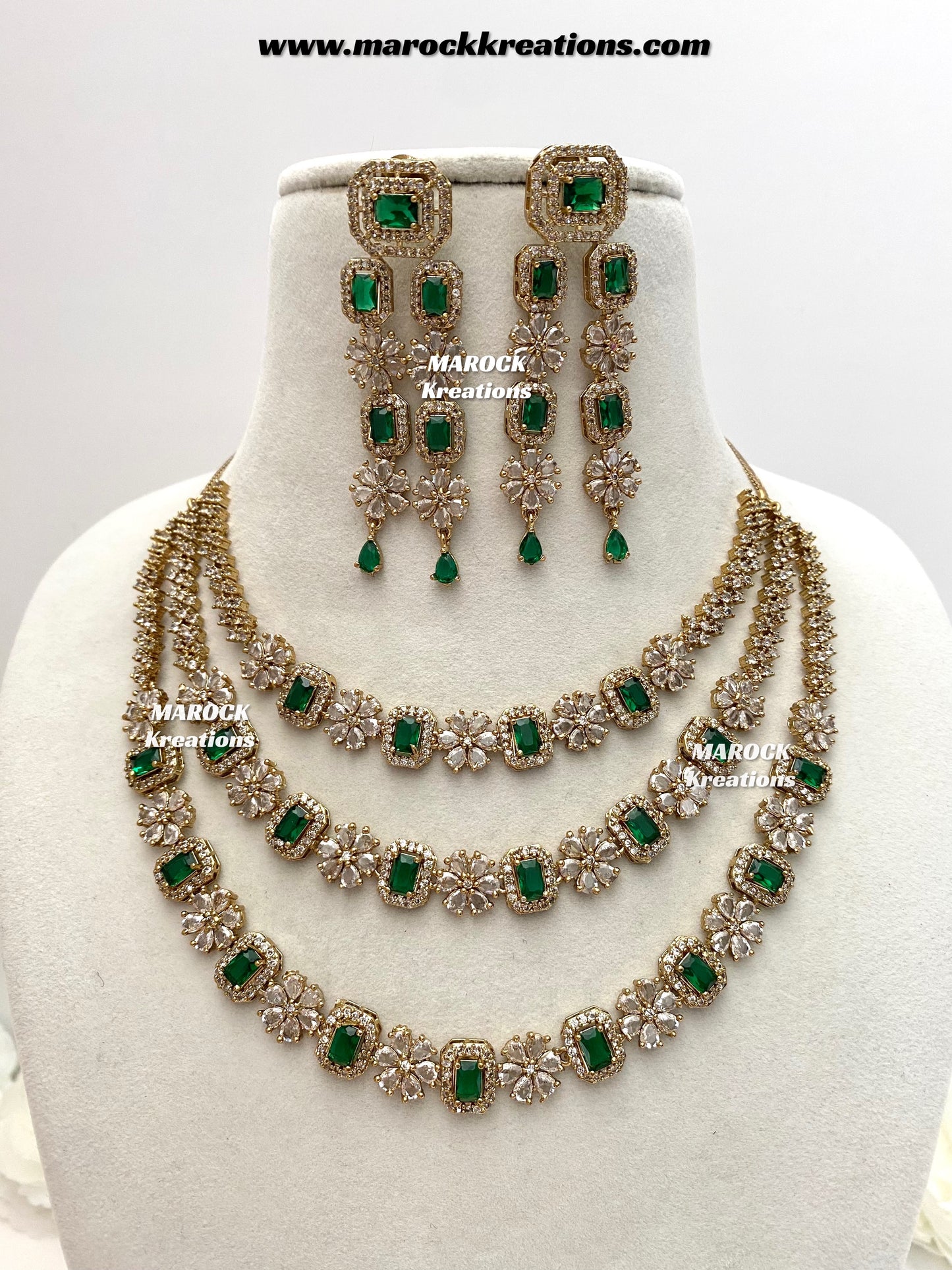 Arvin Antique Gold American Diamond triple layer Statement Necklace set