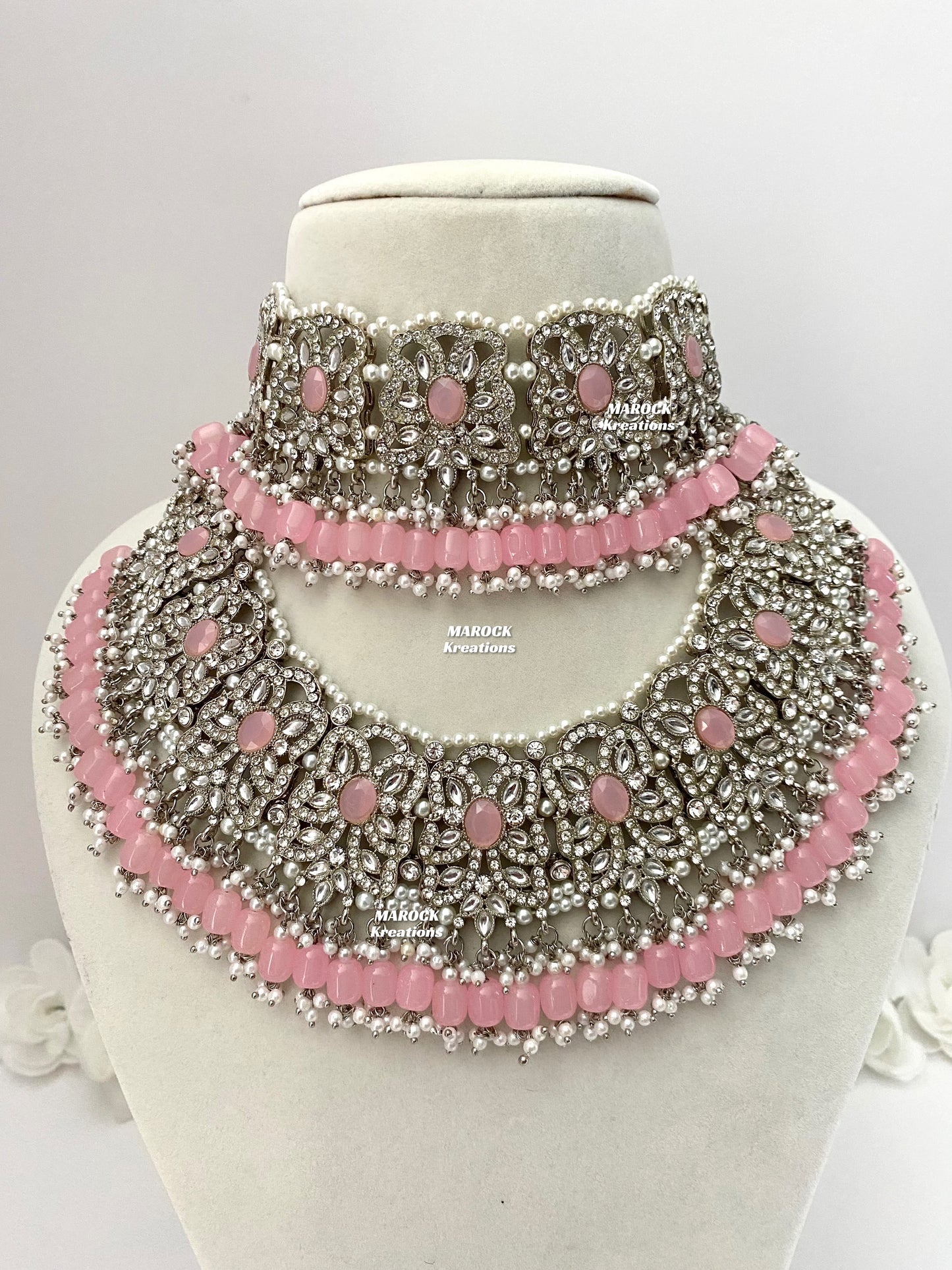 Silver/Pink Pakistani choker and necklace combo set/Pakistani Bridal set