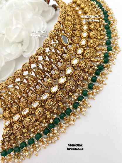 Elegant Gold Plated premium quality Kundan Green Statement Necklace set/Bridal set