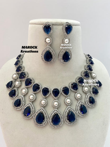 American Diamond Silver/Navy Blue Necklace set