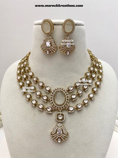 Salina Premium Quality Moissanite Kundan triple layer Necklace set
