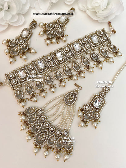 Zainab Antique Gold base with white stones Pakistani Choker set