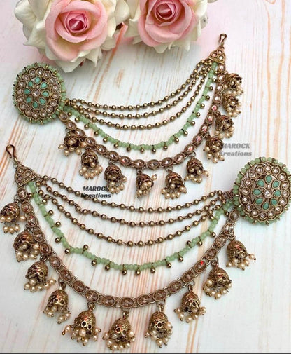 Antique Gold Polki studs/earrings comes with removable Saharey/Ear chains