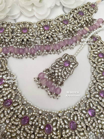 Silver/Lavender Pakistani choker and necklace combo set/Pakistani Bridal set