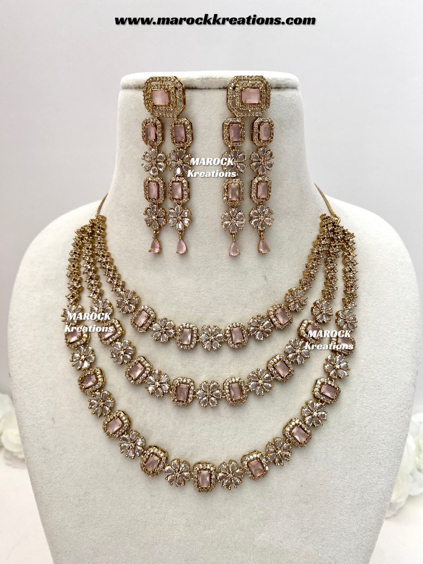 Arvin Antique Gold American Diamond triple layer Statement Necklace set