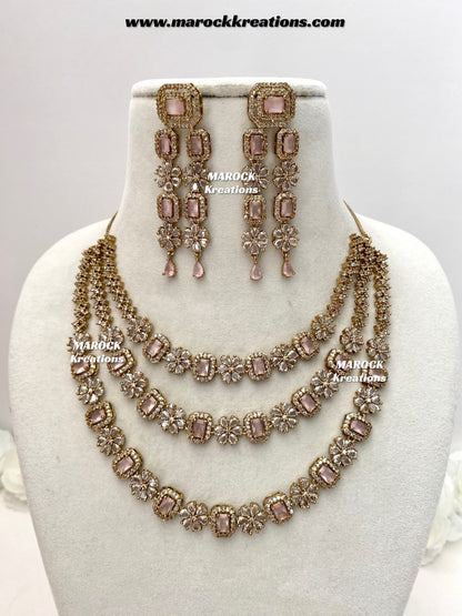Arvin Antique Gold American Diamond triple layer Statement Necklace set