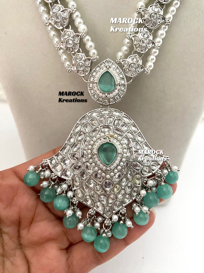 Polki Raani Haar in silver mint teal color/Long necklace