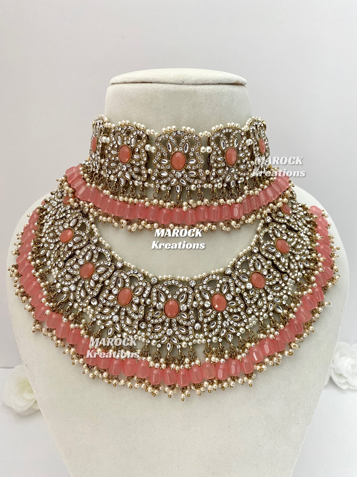 Antique Gold/Coral Pakistani choker and necklace combo set/Pakistani bridal set