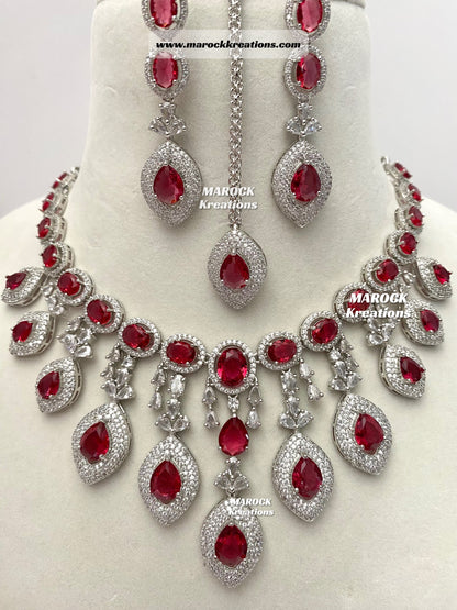 Silver American Diamond Necklace set comes with earrings and tikka