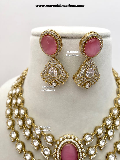Salina Premium Quality Moissanite Kundan triple layer Necklace set