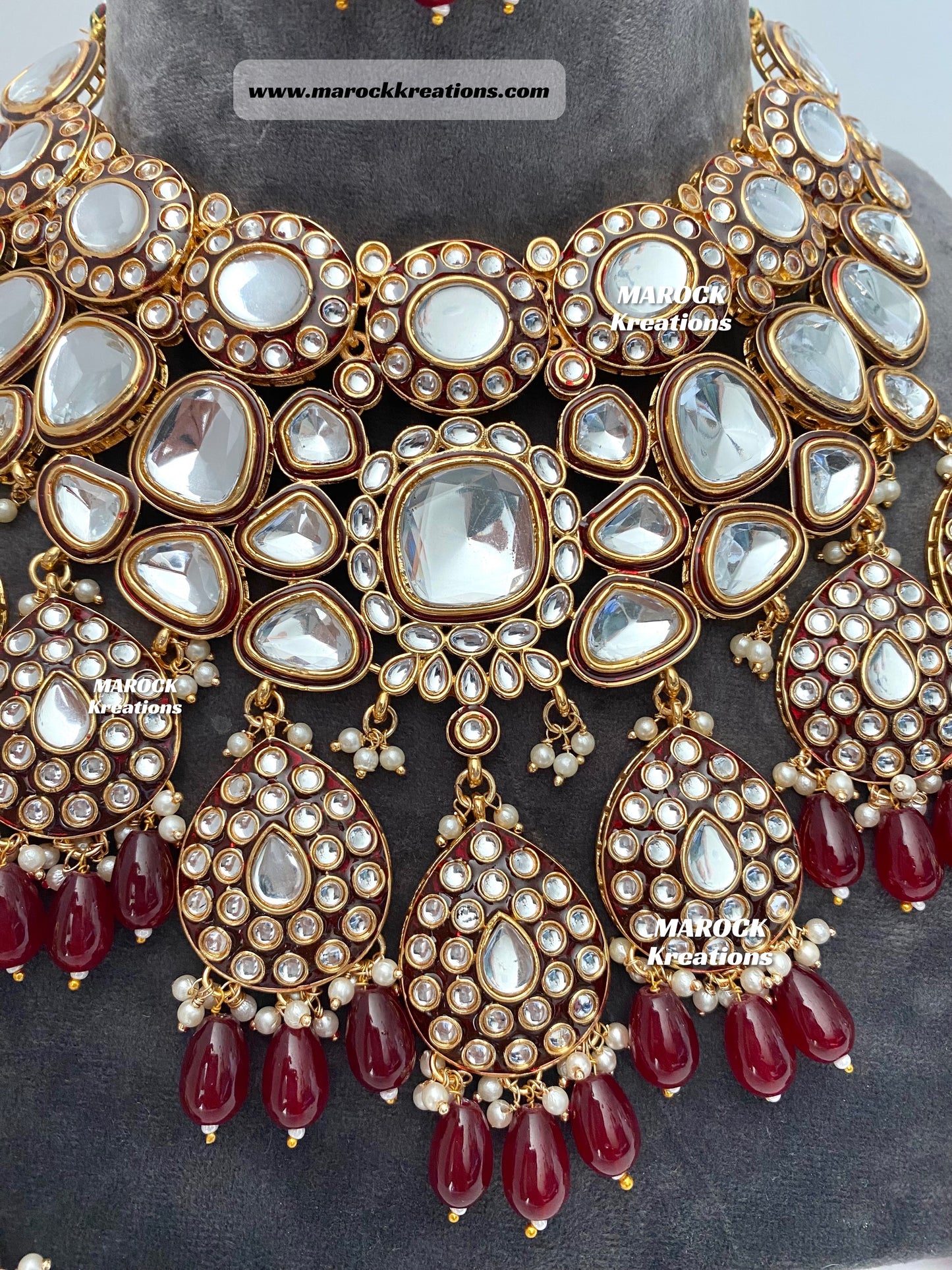 Trendy Uncut Kundan Maroon Statement Necklace set/Bridal set