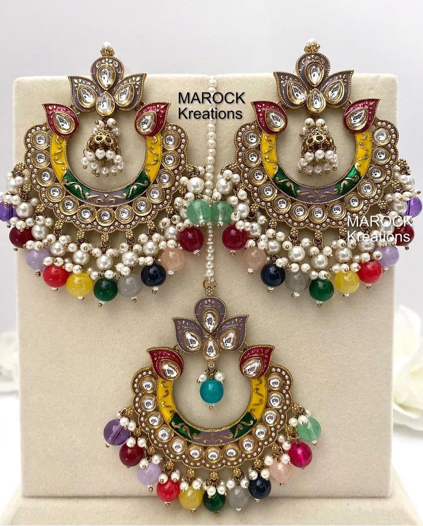 Premium Quality Kundan Meenakari Earrings and tikka set