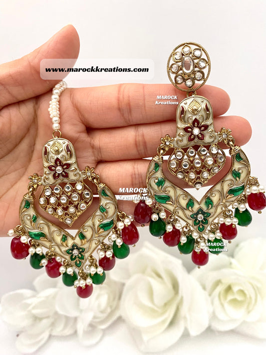 Premium Quality Kundan Meenakari Earrings and tikka set