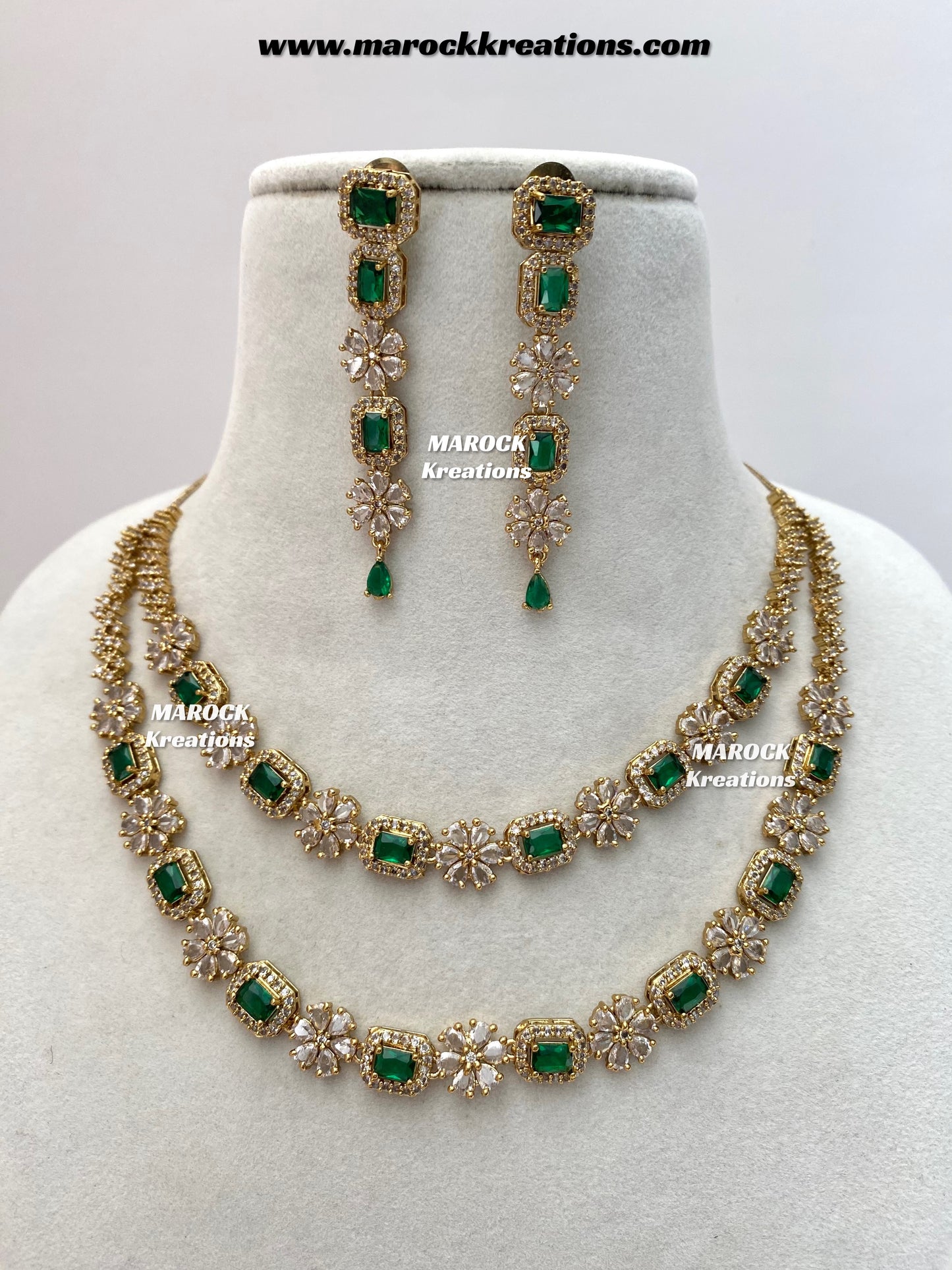 Sineka Antique Gold American Diamond double layer Statement Necklace set