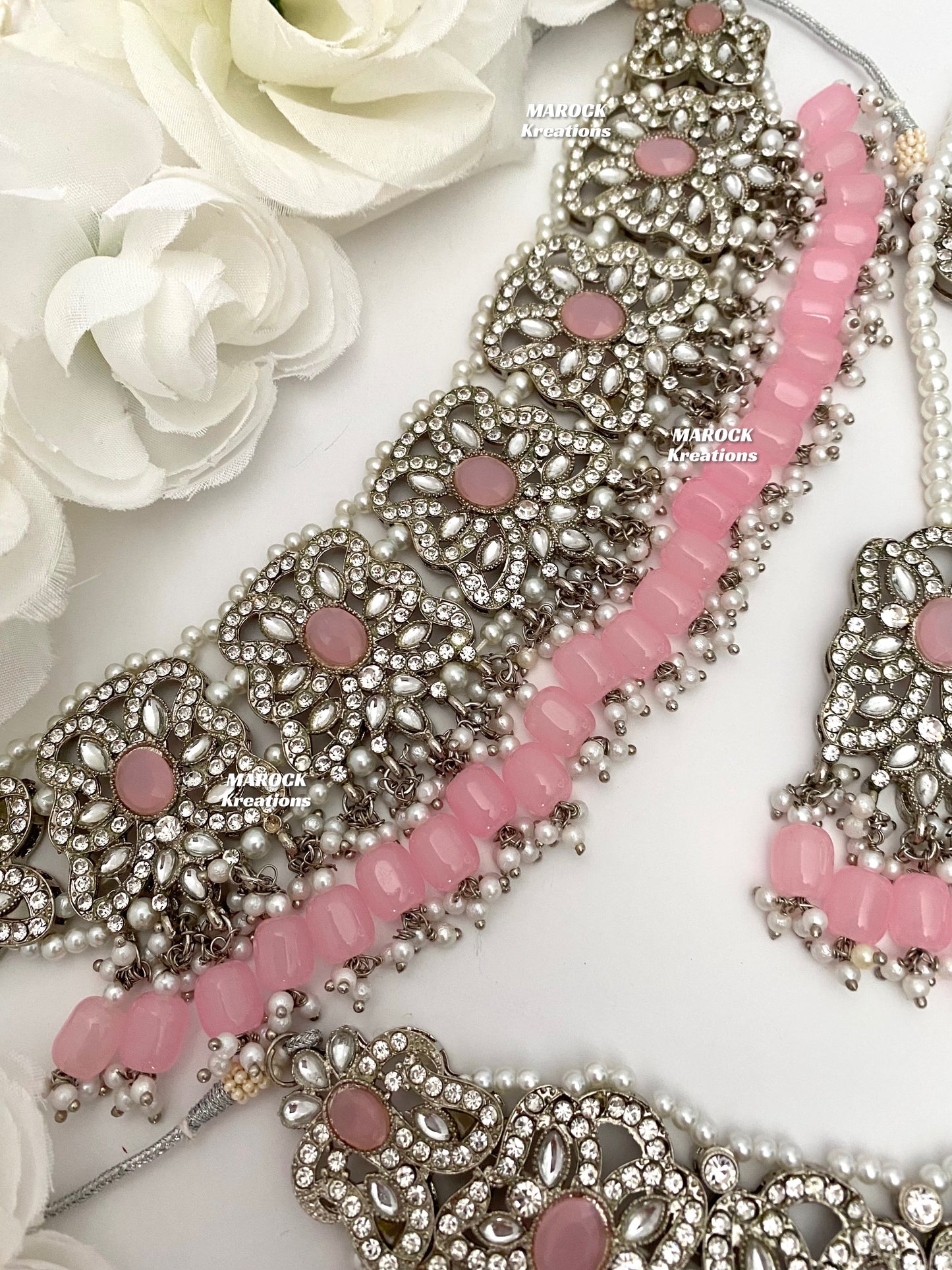 Silver/Pink Pakistani choker and necklace combo set/Pakistani Bridal set