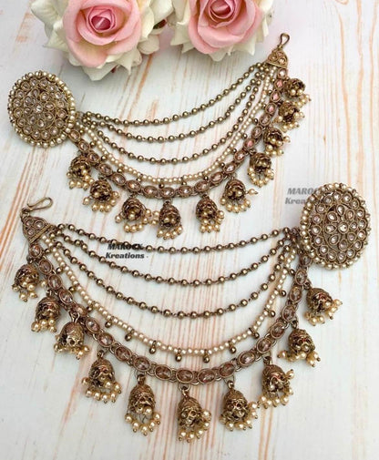 Antique Gold Polki studs/earrings comes with removable Saharey/Ear chains
