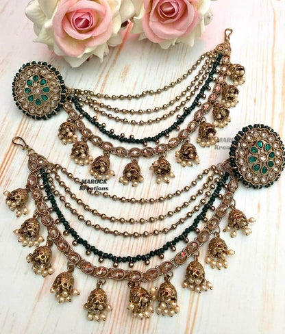 Antique Gold Polki studs/earrings comes with removable Saharey/Ear chains