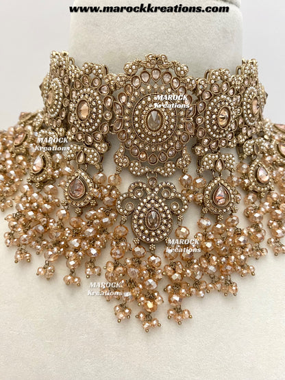 Nazmun Antique Gold Pakistani Polki  choker/necklace set with Passa