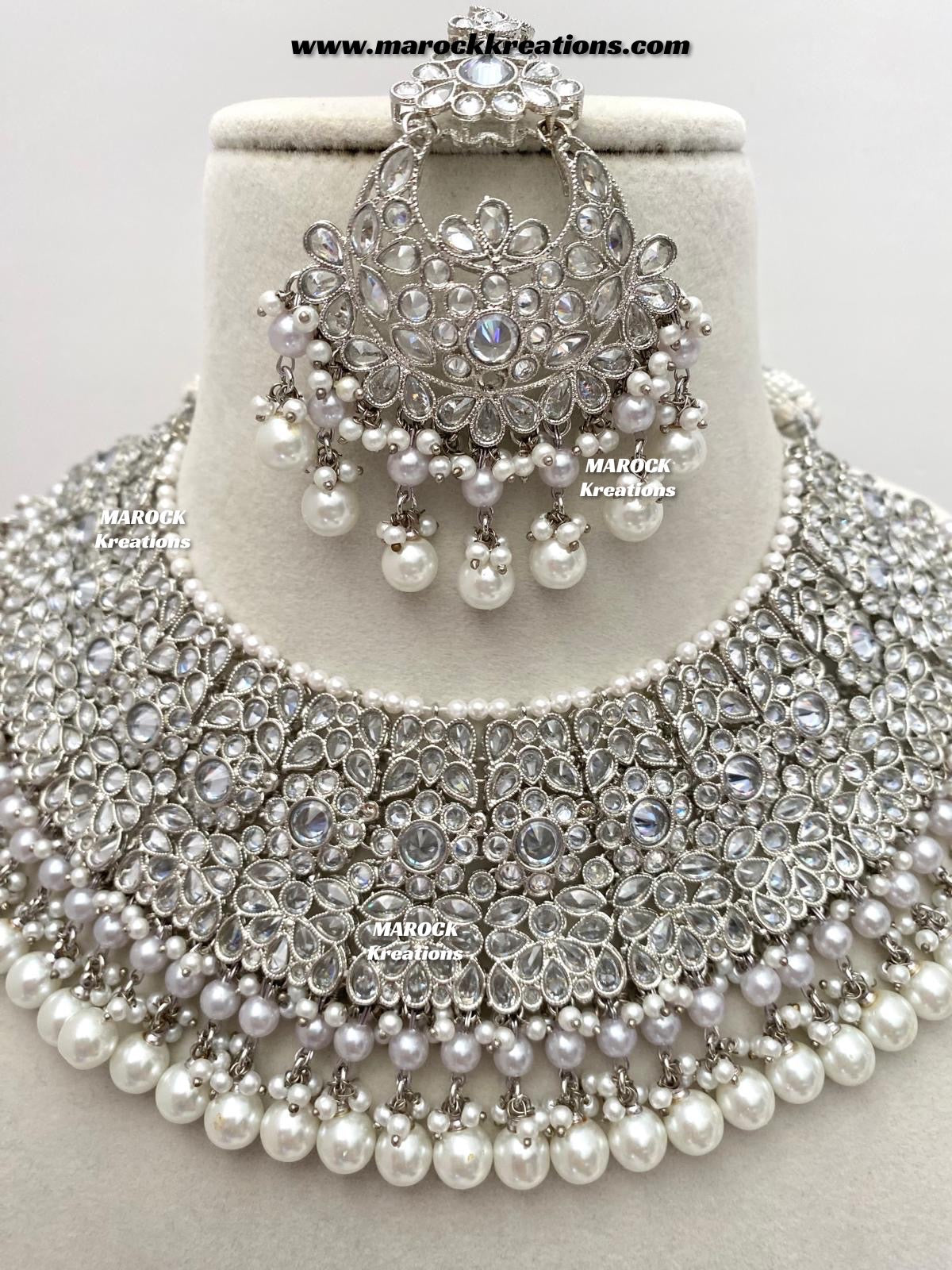 Silver Pakistani Polki choker/necklace set with Passa