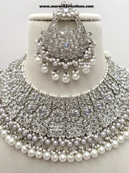 Silver Pakistani Polki choker/necklace set with Passa