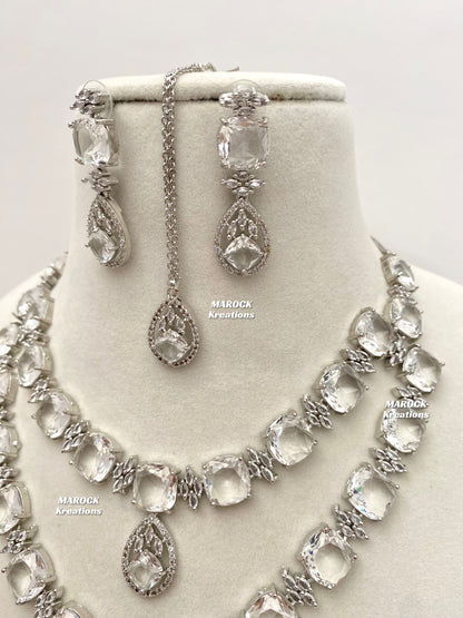 Aster Silver American Diamond Double layer Necklace set