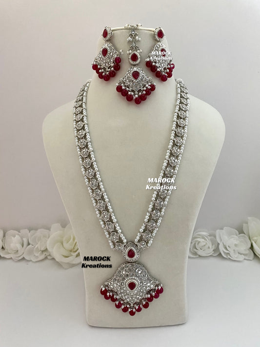 Polki Raani Haar in silver maroon dark red/Long necklace