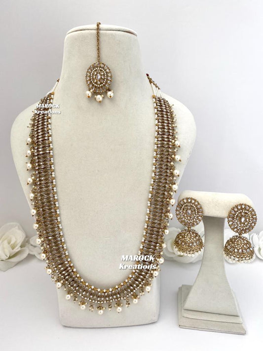 Antique Gold White Polki Raani Haar/Long Necklace