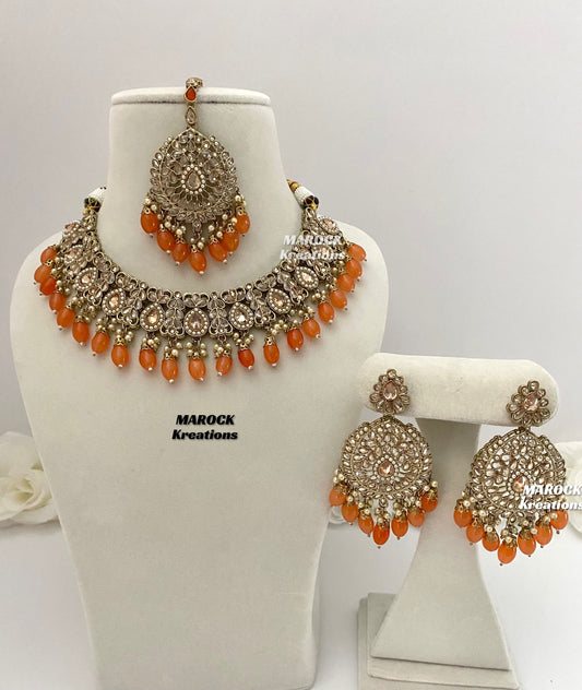 Antique Gold/Orange Polki Necklace set