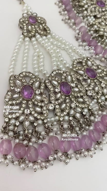 Silver/Lavender Pakistani choker and necklace combo set/Pakistani Bridal set