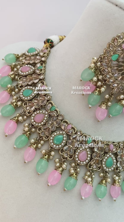 Antique Gold/Pink and Mint Polki Necklace set