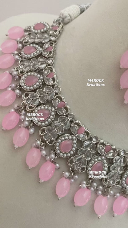 Silver/Pink Polki Necklace set