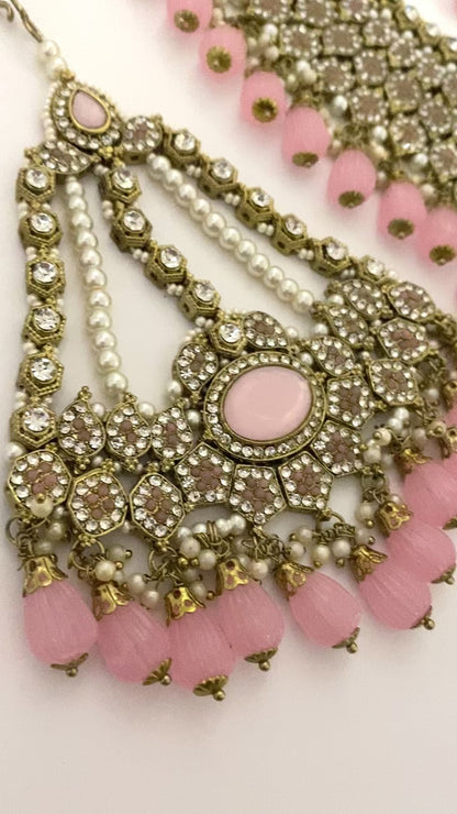 Antique Gold Pakistani Pink Necklace set